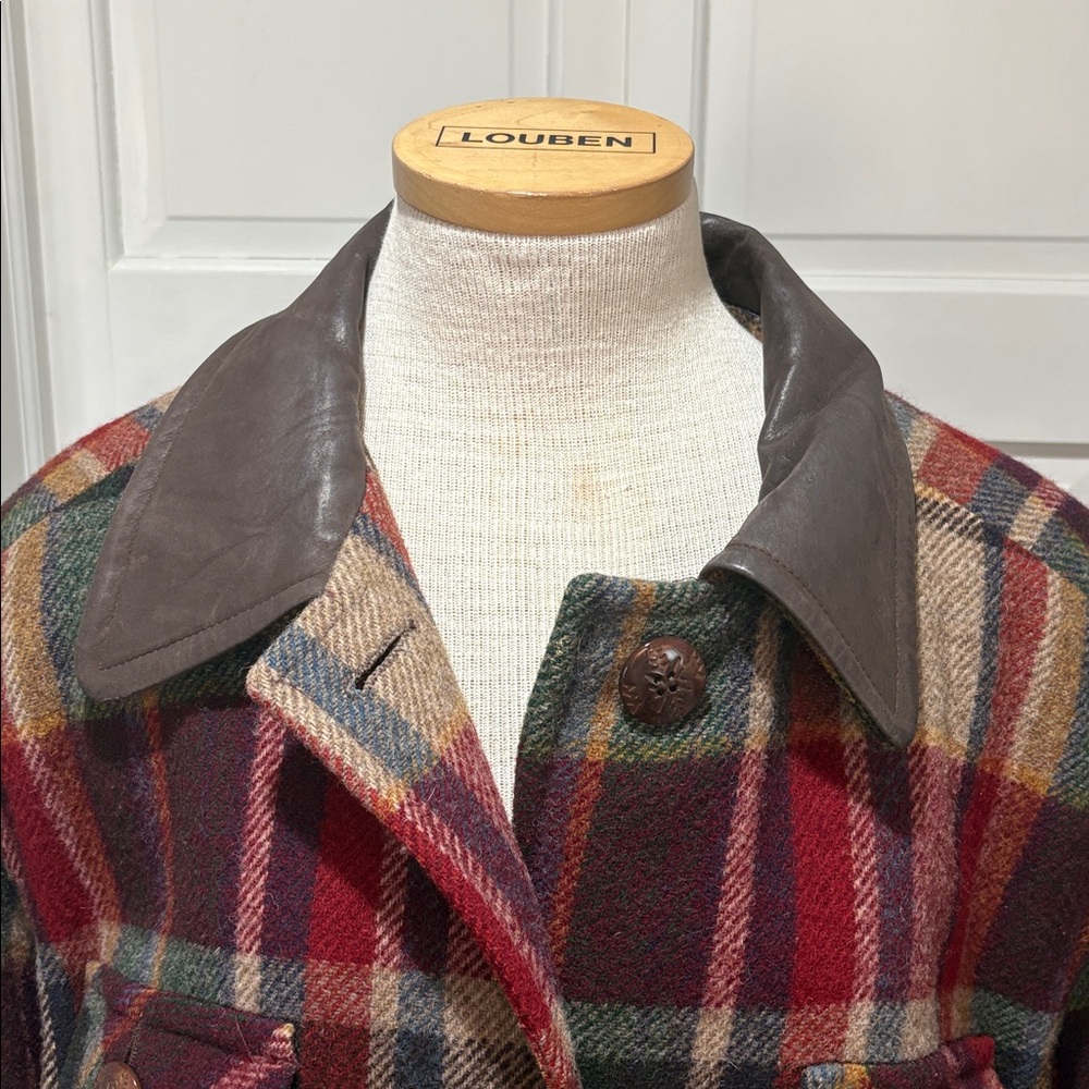 Vintage Preston & York sz L wool plaid coat with leather trim - Picture 2 of 12